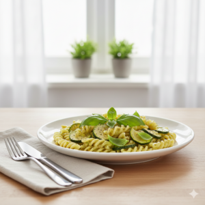 Bio-Dinkel-Pasta mit Zucchini-Rahm-Soße