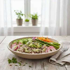Histaminarme Vital-Bowl mit Quinoa, Spargel und Radieschen