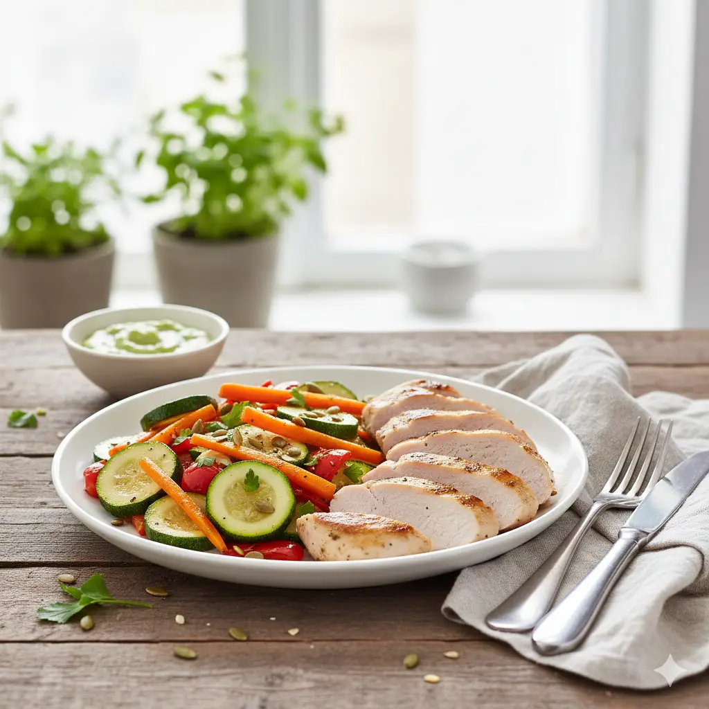 Mediterrane Bio-Zucchini-Möhren-Pfanne mit saftiger Putenbrust