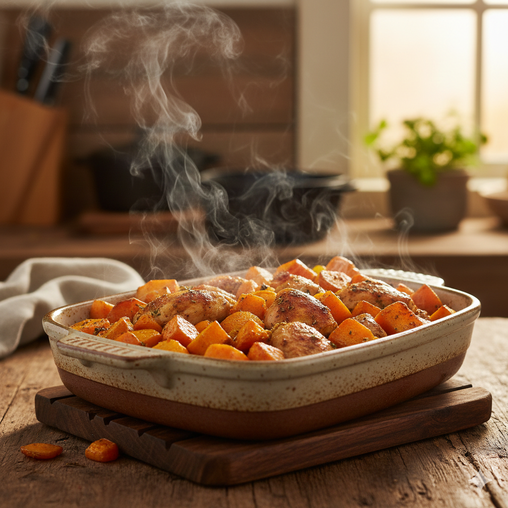 Gesunder Bio Hähnchen Süßkartoffel Auflauf aus dem Ofen