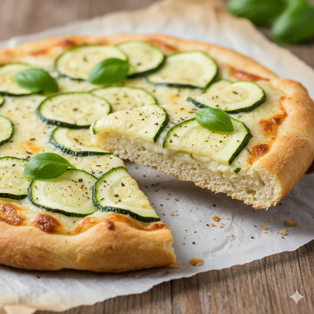 Hefefreie Zucchini Pizza mit Quark-Öl-Teig und frischem Basilikum