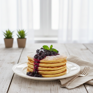 Verträgliche Bio-Dinkel-Pfannkuchen mit warmem Heidelbeer-Kompott