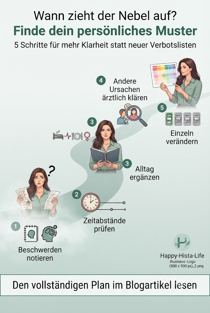 Fünfstufige Infografik mit Beschwerden notieren, Zeitmuster prüfen, Alltagseinflüsse ergänzen, andere Ursachen abklären und Veränderungen einzeln testen.