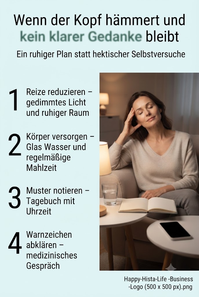 Ruhige Frau in einem abgedunkelten Raum mit Wasser, Notizbuch und vier Schritten für Reizreduktion, Beobachtung und fachliche Abklärung.