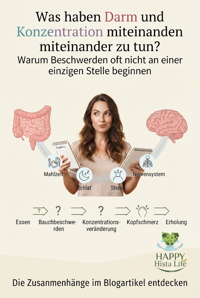Frau zwischen einer sachlichen Darmillustration und einem Gehirn, verbunden durch eine ruhige Linie mit Symbolen für Mahlzeiten, Schlaf und Stress.