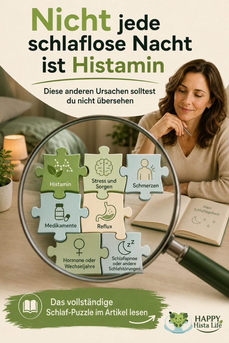Große Lupe über gleichwertigen Puzzleteilen für Histamin, Stress, Schmerzen, Medikamente, Reflux, Hormone und Schlafapnoe.