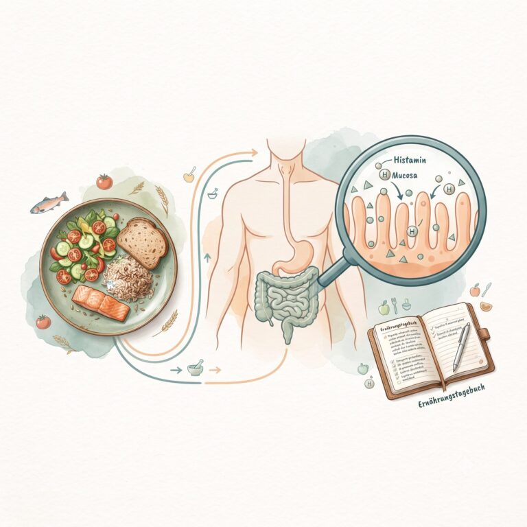 Illustration von Dünndarm und Darmschleimhaut beim Abbau von Histamin aus Lebensmitteln.