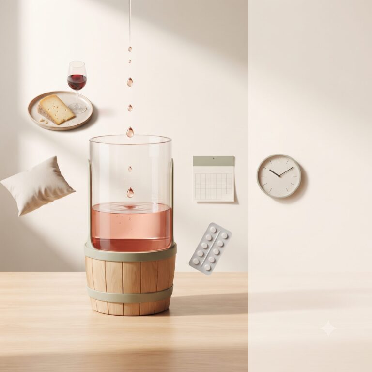 Glasgefäß als Histaminfass, das durch Lebensmittel, Stress, Schlafmangel und weitere Alltagseinflüsse gefüllt wird.