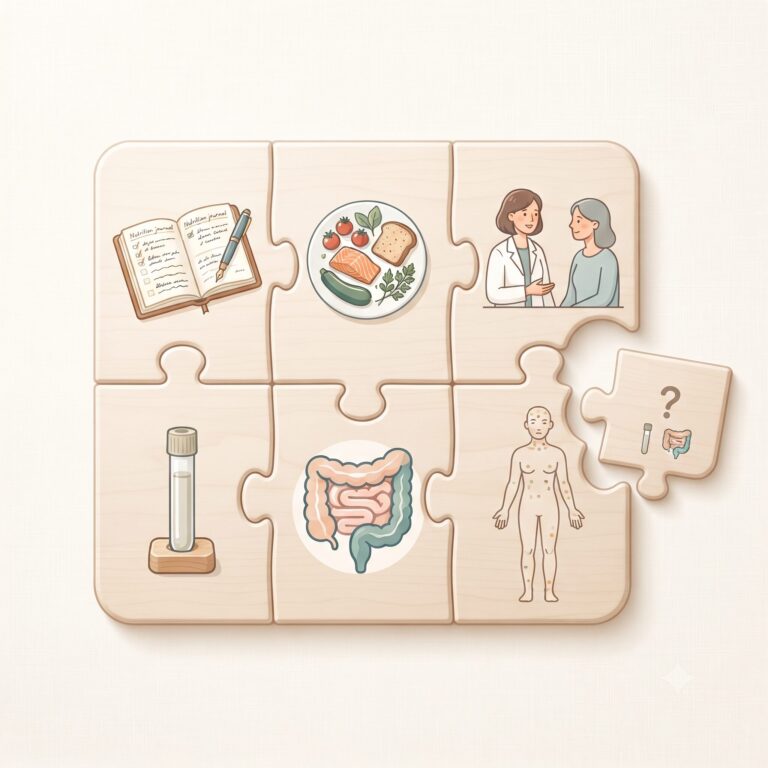 Diagnosepuzzle mit Ernährungstagebuch, Arztgespräch, Laborwerten, Beschwerden und Darmgesundheit.