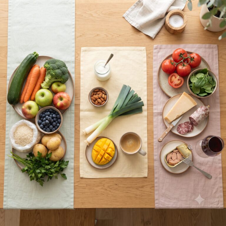 Drei Lebensmittelgruppen mit Zucchini, Äpfeln und Reis sowie Tomaten, gereiftem Käse, Salami und Rotwein.