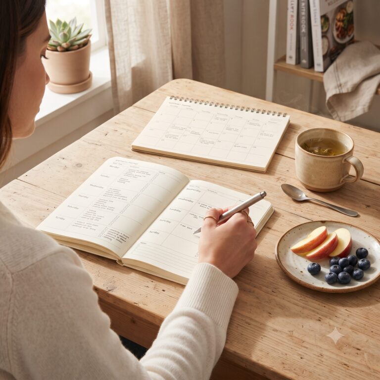 Offenes Histamin-Ernährungstagebuch mit Notizen zu Lebensmitteln, Mengen und Beschwerden neben Apfelstücken und Kräutertee.