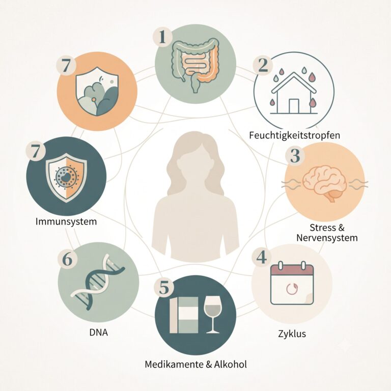 Sieben mögliche Einflussfaktoren auf Histaminbeschwerden: Darm, Schimmel, Stress, Hormone, Medikamente, Gene und Immunsystem.